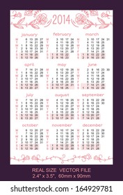 Pocket Calendar 2014, vector, start on Monday VECTOR SIZE: 2.4" x 3.5",  60mm x 90mm