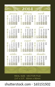 Pocket Calendar 2014, vector, start on Monday VECTOR SIZE: 2.4" x 3.5",  60mm x 90mm