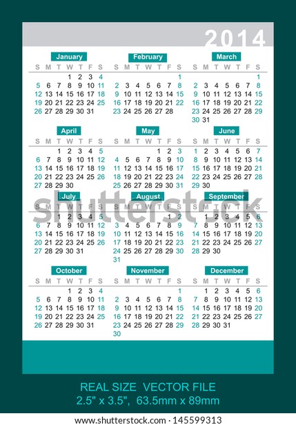 Pocket Calendar 14 Vector Start On Stock Vector Royalty Free