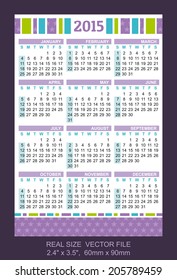 pocket calendar 2015, start on Sunday SIZE: 2.4" x 3.5",  60mm x 90mm