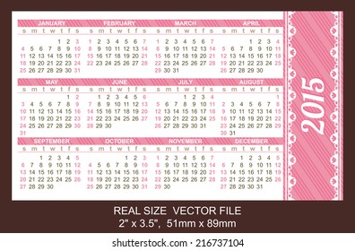 pocket calendar 2015, start on Sunday SIZE: 2" x 3.5",  51mm x 89mm