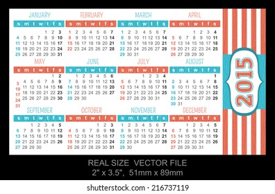 pocket calendar 2015, start on Sunday SIZE: 2" x 3.5",  51mm x 89mm