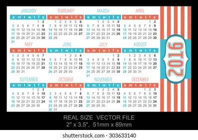pocket calendar 2016, start on Sunday, vector