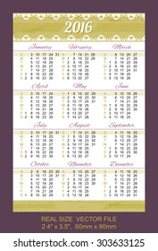 Pocket Calendar 2016, vector, start on Sunday