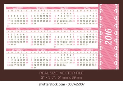 Pocket Calendar 2016, vector, start on Sunday