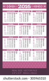Pocket Calendar 2016, vector, start on Sunday