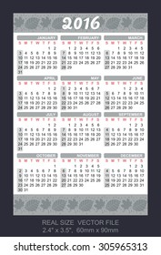 Pocket Calendar 2016, vector, start on Sunday