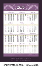 Pocket Calendar 2016, vector, start on Sunday