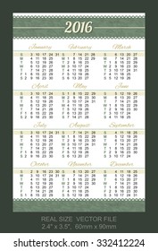 Pocket Calendar 2016, vector, start on Sunday