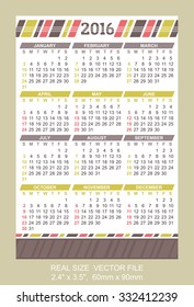 Pocket Calendar 2016, vector, start on Sunday