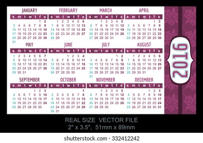 Pocket Calendar 2016, vector, start on Sunday