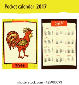 Pocket Calendar 2017 Chinese New Year of the Rooster . Vector Illustration with xmas tree. Hand drawn silhouette colorful illustration rooster on white and red background. 