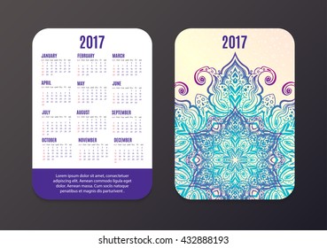 Pocket Calendar 2017. Mandala indian design vector template