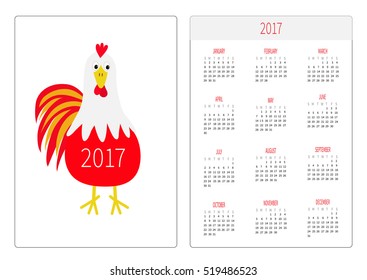 Pocket calendar 2017. Week starts Sunday. Flat design Vertical orientation Template. Red Rooster Cock bird. New Year symbol Chinese. Cute cartoon character. Farm animal White background. Vector