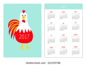 Pocket calendar 2017. Week starts Sunday. Flat design Vertical orientation Template. Red Rooster Cock bird. New Year symbol Chinese. Cute cartoon character. Farm animal Blue background Vector