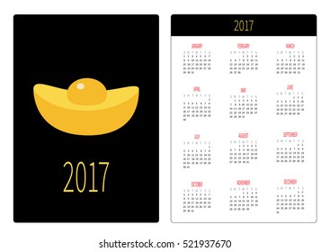 Pocket calendar 2017. Week starts Sunday. Flat design Vertical orientation Template. Golden bar icon. Chinese Happy New Year symbol. Gold Ingot. Black background. Vector