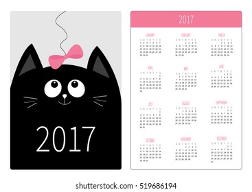 Pocket calendar 2017 year. Week starts Sunday. Flat design Vertical orientation Template. Black cat kitty head looking at pink bow. Cute cartoon character. Pet baby collection. White background Vector