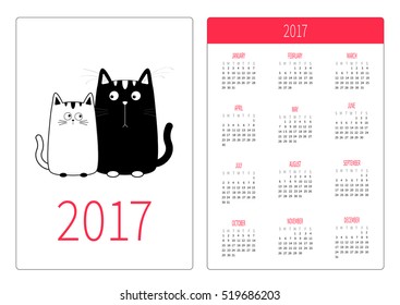 Pocket calendar 2017 year. Week starts Sunday. Flat design Vertical orientation Template. Cute cartoon black white cat boy girl Kitty couple on date. Happy family Love background Isolated Vector svg