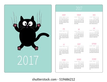 Pocket calendar 2017 year. Week starts Sunday. Flat design Vertical orientation Template. Cartoon black cat claw scratch glass. Cute character. Blue sky background. Isolated. Vector illustration svg