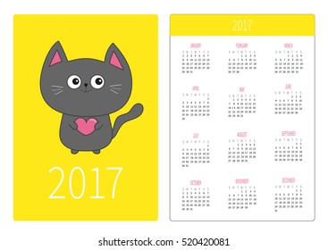 Pocket calendar 2017 year. Week starts Sunday. Flat design Vertical orientation Template. Gray contour cat holding pink heart. Cute cartoon character. Kawaii animal Pet. Yellow background Vector