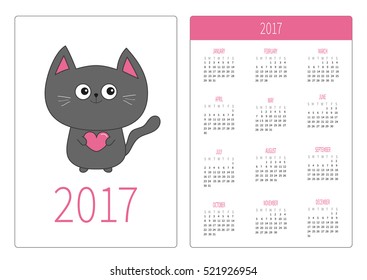 Pocket calendar 2017 year. Week starts Sunday. Flat design Vertical orientation Template. Gray contour cat holding pink heart. Cute cartoon character. Kawaii animal Pet. White background. Vector