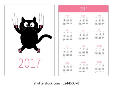 Pocket calendar 2017 year. Week starts Sunday. Flat design Vertical orientation Template. Cartoon black cat claw scratch glass. Cute character. White background. Isolated. Vector illustration