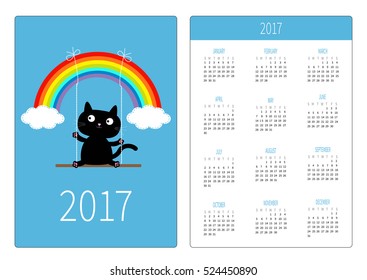 Pocket calendar 2017 year. Week starts Sunday. Flat design Vertical orientation Template. Rainbow two clouds in the sky and cat on the swing. Dash line. Blue background. Cartoon character Vector