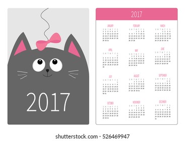Pocket calendar 2017 year. Week starts Sunday. Flat design Vertical orientation Template. Gray cat kitty head looking at pink bow. Cute cartoon character. Pet baby collection. White background. Vector