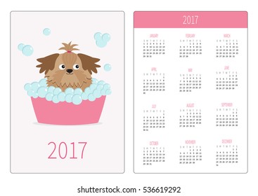 Pocket calendar 2017 year. Week starts Sunday. Flat design Vertical orientation Template. Little glamour tan Shih Tzu dog taking a bubble bath Vector illustration.