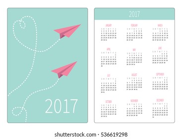 Pocket calendar 2017 year. Week starts Sunday. Flat design Vertical orientation Template. Two flying paper planes. Heart dash line loop in the sky. Vector illustration.