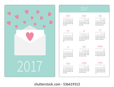 Pocket calendar 2017 year. Week starts Sunday. Flat design Vertical orientation Template. Envelope with hearts. Love card. Vector illustration.