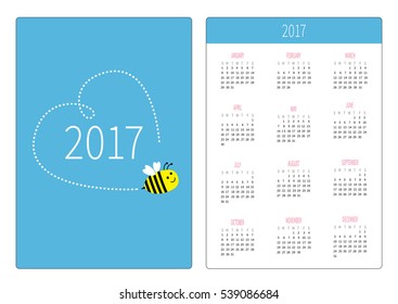 Pocket calendar 2017 year. Week starts Sunday. Flat design Vertical orientation Template. Flying bee. Dash heart in the sky Cute cartoon character. Blue background Vector illustration