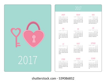 Pocket calendar 2017 year. Week starts Sunday. Flat design Vertical orientation Template. Padlock and key in shape of heart. Love card. Vector illustration