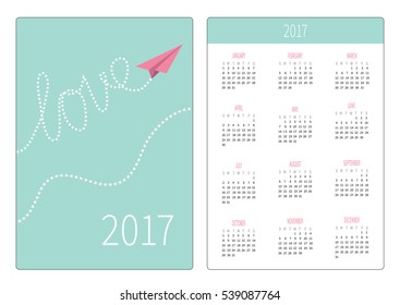 Pocket calendar 2017 year. Week starts Sunday. Flat design Vertical orientation Template. Origami paper plane in the sky. Dash line word Love Vector illustration