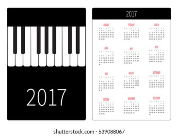 Pocket calendar 2017 year. Week starts Sunday. Flat design Vertical orientation Template. Big piano Keys Music Card. Vector illustration