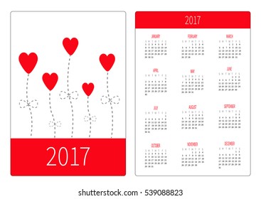 Pocket calendar 2017 year. Week starts Sunday. Flat design Vertical orientation Template. Love card. White and pink Heart flowers. Vector illustration