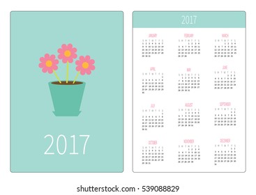 Pocket calendar 2017 year. Week starts Sunday. Flat design Vertical orientation Template. Three pink flowers in pot. Love card. Vector illustration