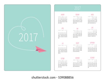 Pocket calendar 2017 year. Week starts Sunday. Flat design Vertical orientation Template. Flying paper plane. Big dash heart in the sky. Love card. Vector illustration