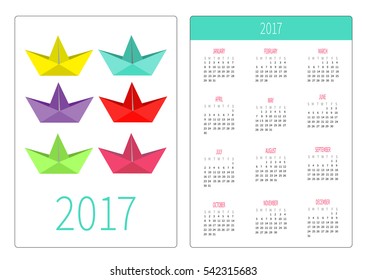 Pocket calendar 2017 year. Week starts Sunday. Flat design Vertical orientation Template. Set of bright paper ships. Isolated. Vector illustration