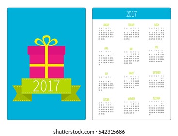 Pocket calendar 2017 year. Week starts Sunday. Flat design Vertical orientation Template. Gift box with ribbon and bow. Present. Blue background. Vector illustration