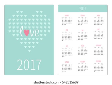 Pocket calendar 2017 year. Week starts Sunday. Flat design Vertical orientation Template. Heart from small hearts. Love card. Vector illustration