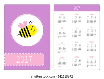 Pocket calendar 2017 year. Week starts Sunday. Flat design Vertical orientation Template. Bee Meadow bumblebee . Cute cartoon character. Purple background Vector illustration