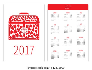 Pocket calendar 2017 year. Week starts Sunday. Flat design Vertical orientation Template. Chest vase with red hearts. Love card. Vector illustration
