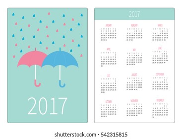 Pocket calendar 2017 year. Week starts Sunday. Flat design Vertical orientation Template. Pink and blue umbrellas. Rain in shape of hearts. Love card. Vector illustration