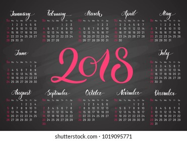 Pocket calendar, 2018, in dark colors, lettering. Convenient organizer for business people and so on. Vector illustration of menology