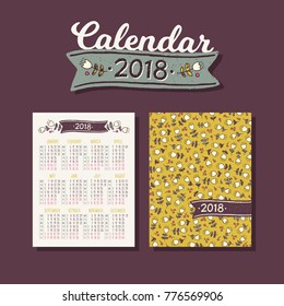 Pocket calendar 2018 with floral pattern and berries. Hand drawn vector illustration with tulip flowers. Yellow pattern. Template calendar grid. Vertical orientation