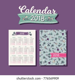 Pocket calendar 2018 with floral pattern. Hand drawn vector illustration with flowers and snowflakes. Blue pattern. Template calendar grid. Vertical orientation