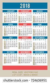 Pocket Calendar 2018, vector, start on Sunday
SIZE: 2.4" x 3.5", 60mm x 90mm