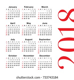 Pocket calendar 2018 year