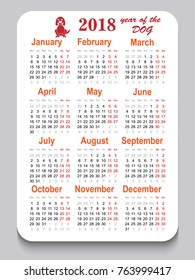 Pocket calendar 2018 year of the dog. Vertical grid template with dog silhouette. Week Starts Monday. Vector illustration.